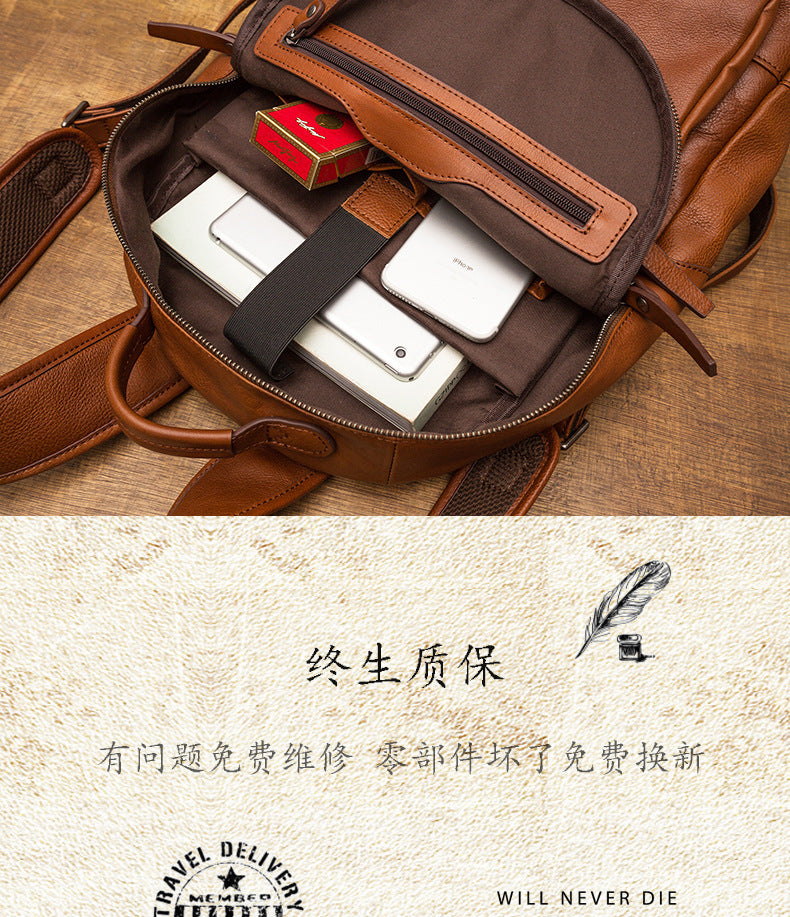 Men's backpack handmade cowhide genuine leather simple casual quality travel bag