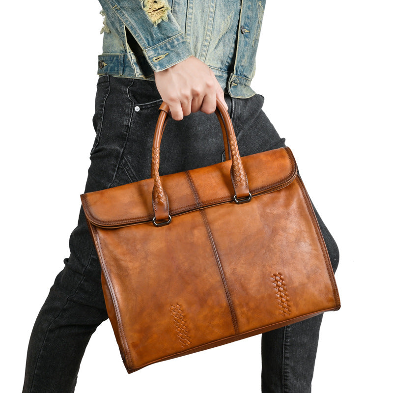 Men's briefcase genuine cowhide leather simple fashion retro casual business men's handbag computer bag