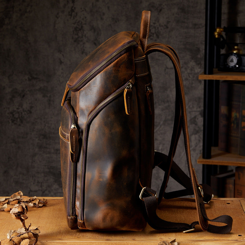 Men's backpack, handmade, genuine cowhide leather, retro outdoor men's travel bag, computer bag