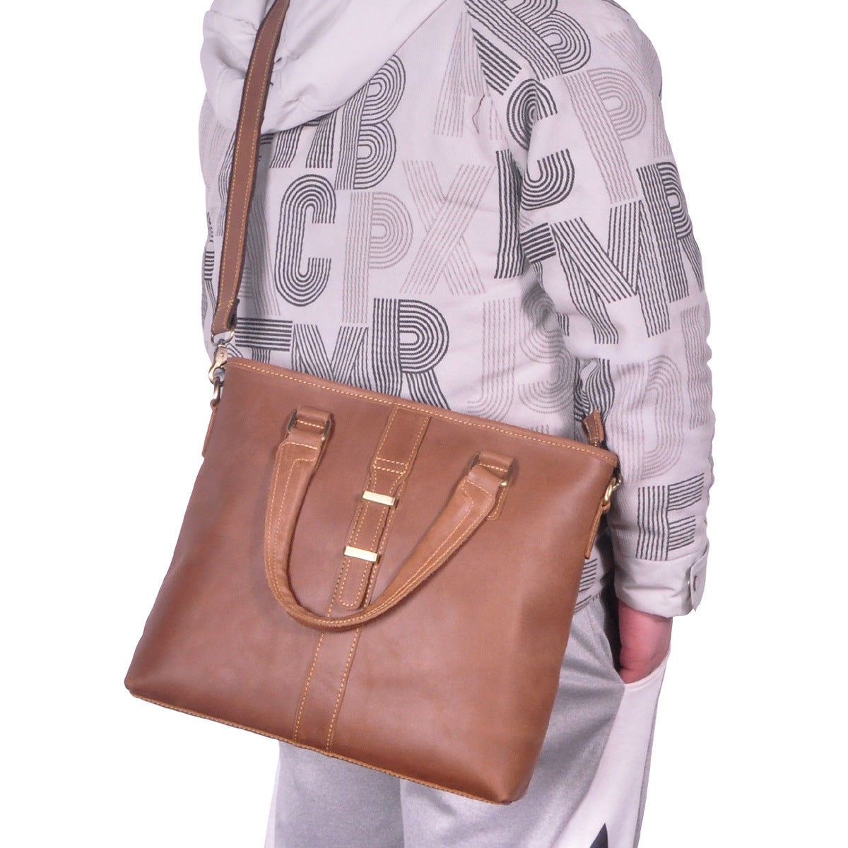 Men's Briefcase Shoulder Bag Retro Business Handbag Cowhide Genuine Leather Men Computer Bag