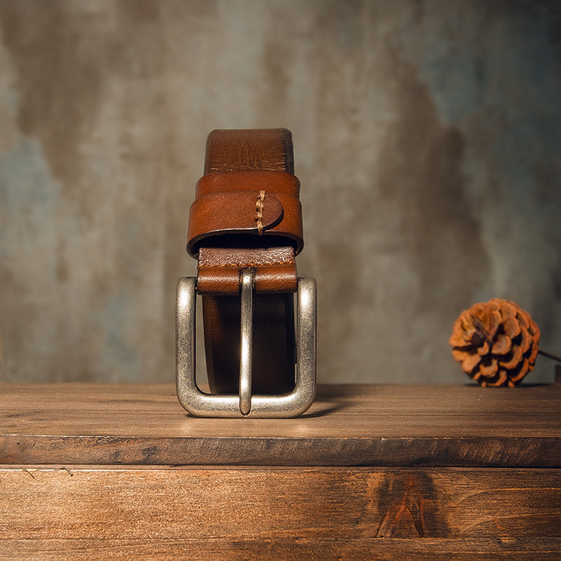 Men's Belt Genuine Cowhide Leather Handmade Needle Buckle Simple Casual Vintage Fashion Men's Belt