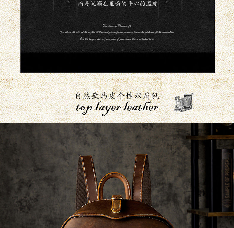 Men's Rucksack Retro Cowhide Crazy Horse Handmade Unique Fashion Beatles Men's Bag