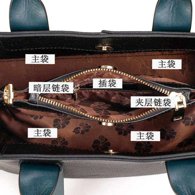 Cowhide women's bag large capacity handbag color matching temperament shoulder bag elegant handbag.bag