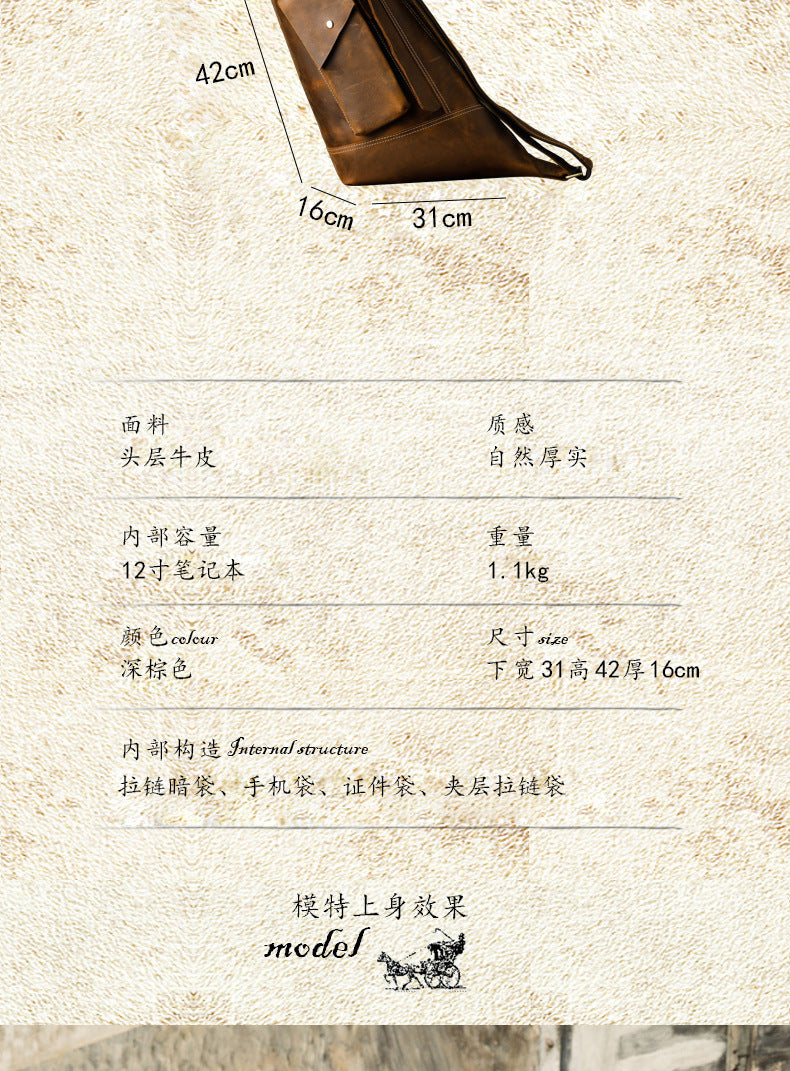 Men's Crossbody Bag Cow Leather Crazy Horse Handmade Retro Unique Fashion Multifunctional Shoulder Bag