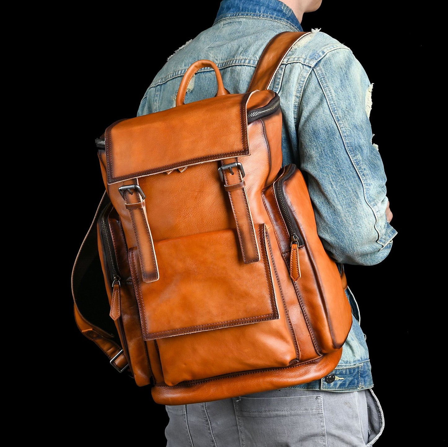 Men's backpack genuine cowhide leather retro unisex casual travel bag business bag