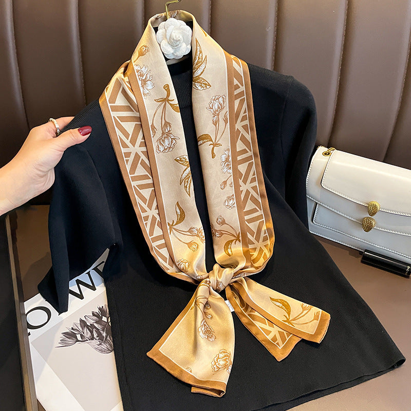 Silk Scarf Geometric Print Pattern Double Silk Ribbon Silk Scarf Women Neckerchief Double Sided 2 Colors