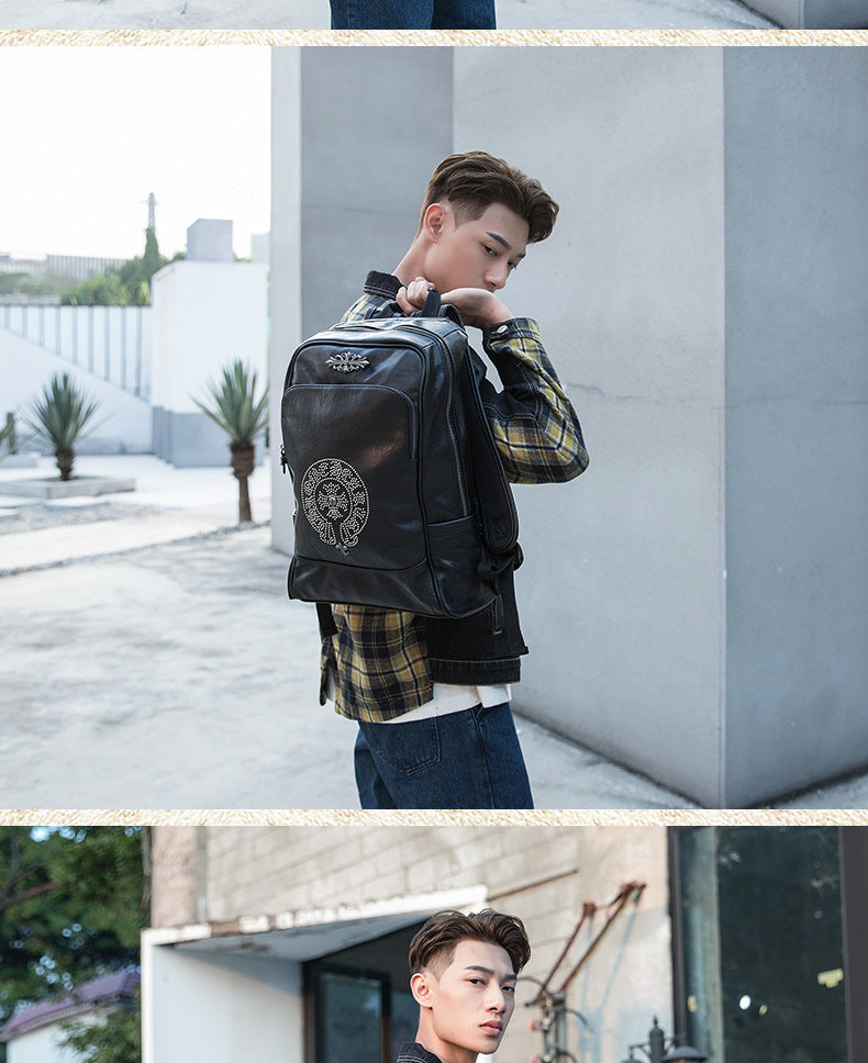Men's Rucksack Genuine Cowhide Leather Handmade Original Unique Fashion Travel Bag for Men