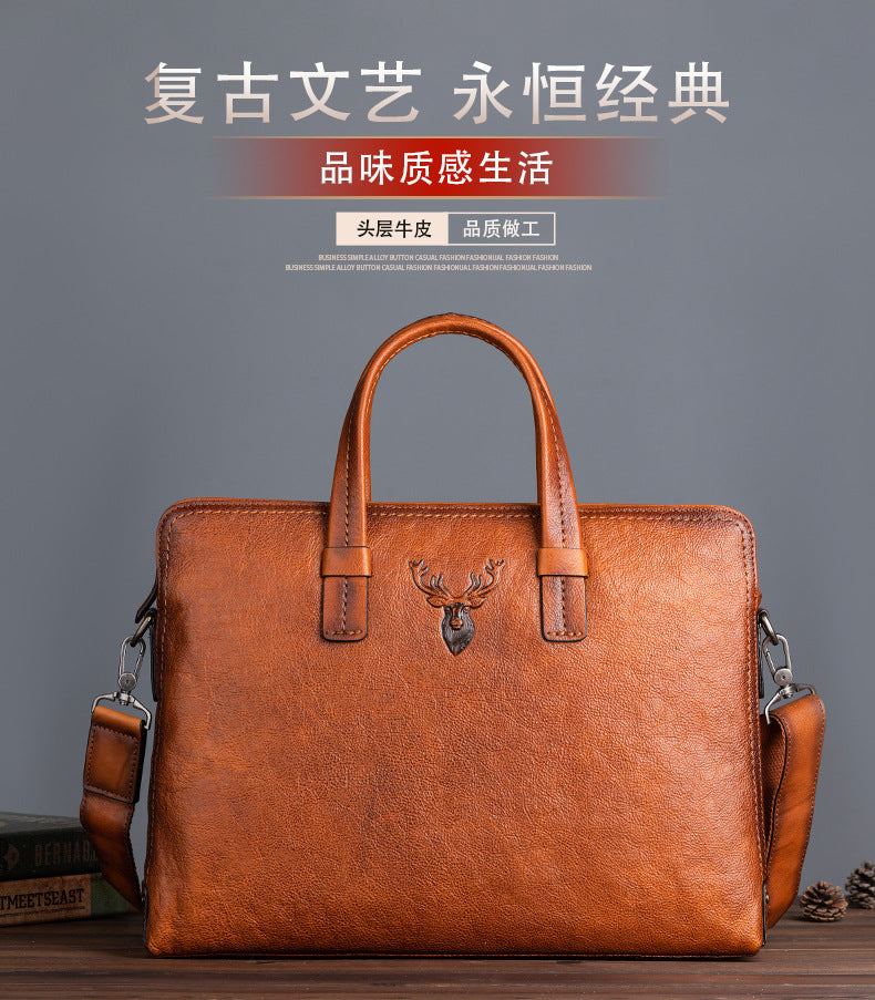 Men's Briefcase Genuine Cowhide Leather Simple Fashion Retro Casual Bag Computer Bag for Men