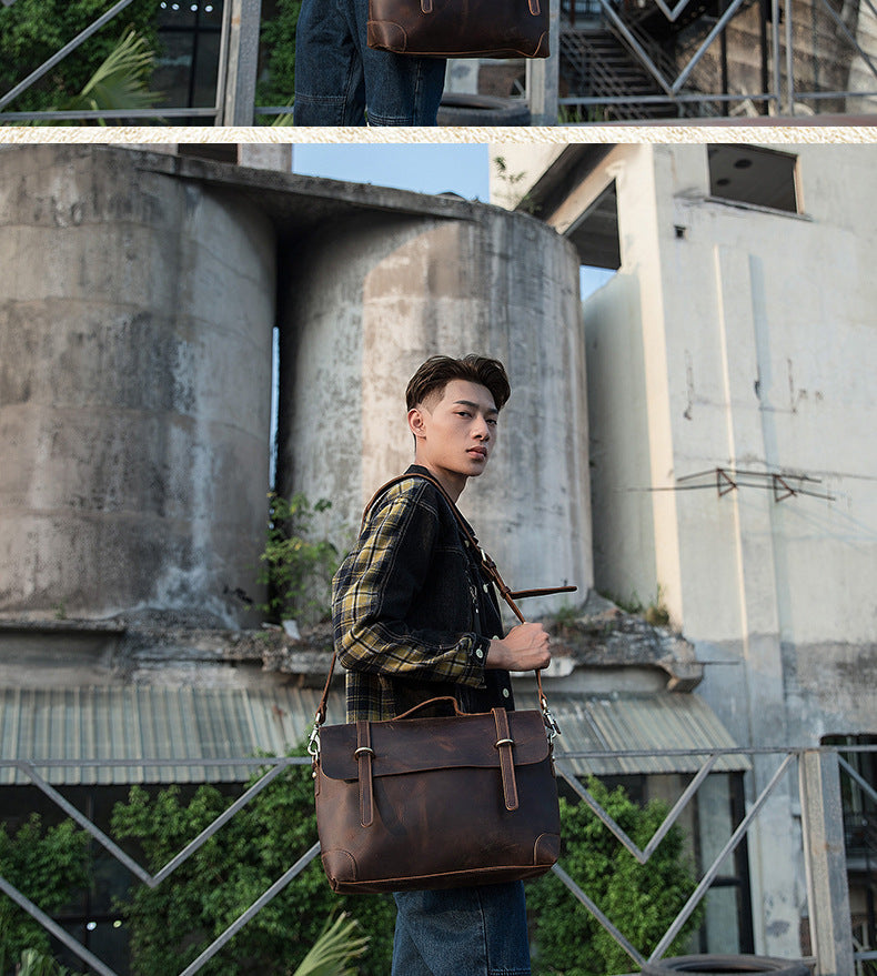 Men's Messenger Bag Handmade Genuine Cowhide Leather Crazy Horse Retro Handbag Handbag Men's Briefcase Crossbody Shoulder Bag