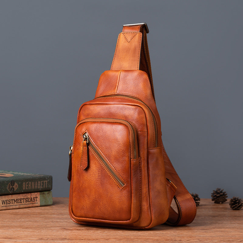 Men's Crossbody Bag Genuine Cowhide Leather Retro Casual Men's Bust Bag