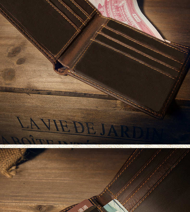 Men's short wallet made of genuine cowhide leather Crazy Horse Original casual simple thin Korean fashion unique wallet for men