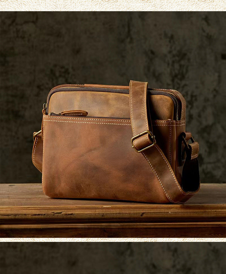 Men's Shoulder Bag Handmade Cow Leather Casual Simple Retro Zipper Crossbody Bag