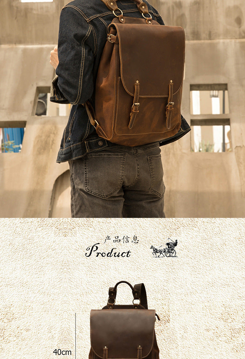Men's Rucksack Genuine Cowhide Leather Handmade Korean Fashion Unique Travel Computer Bag for Men