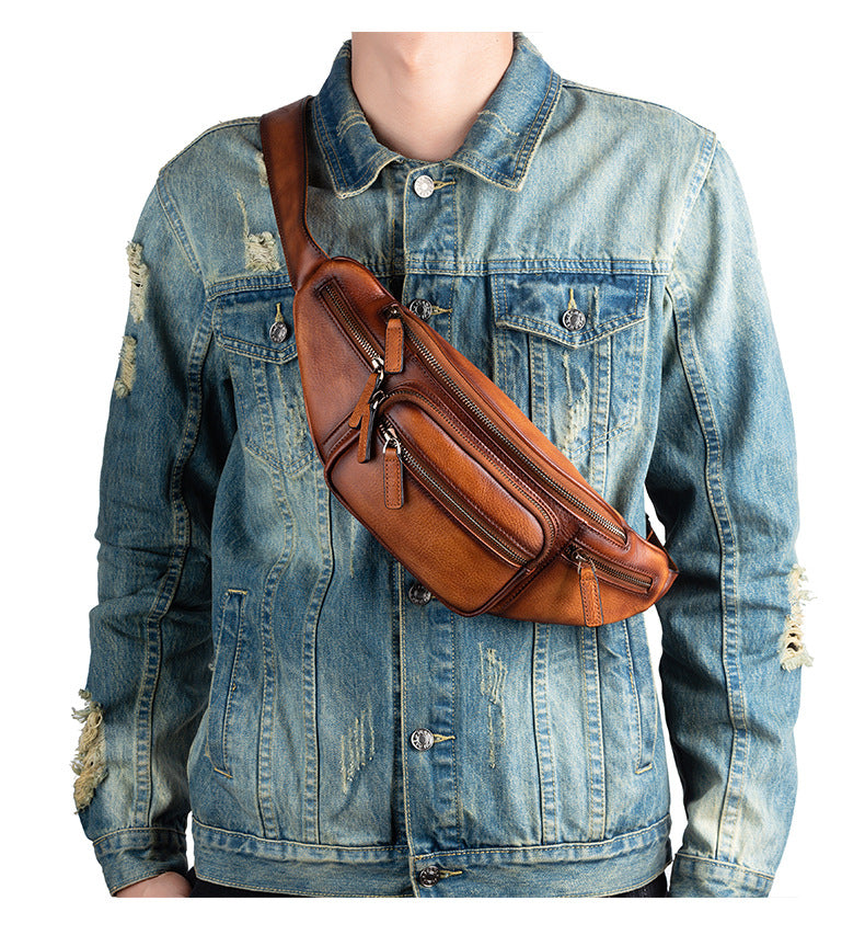 Men's Waist Pouch Genuine Cowhide Leather Retro Casual Bust Bag for Men