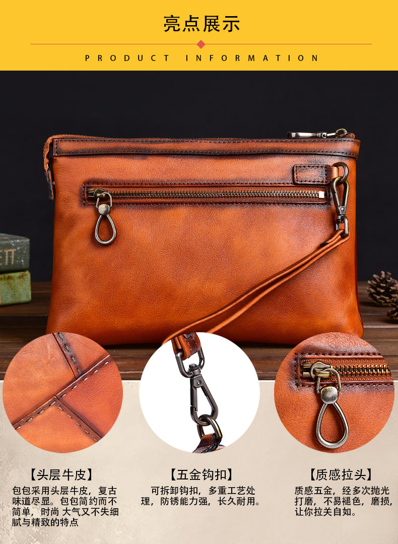 Men's Clutch Bag Genuine Cowhide Leather Retro Casual Men's Handbag