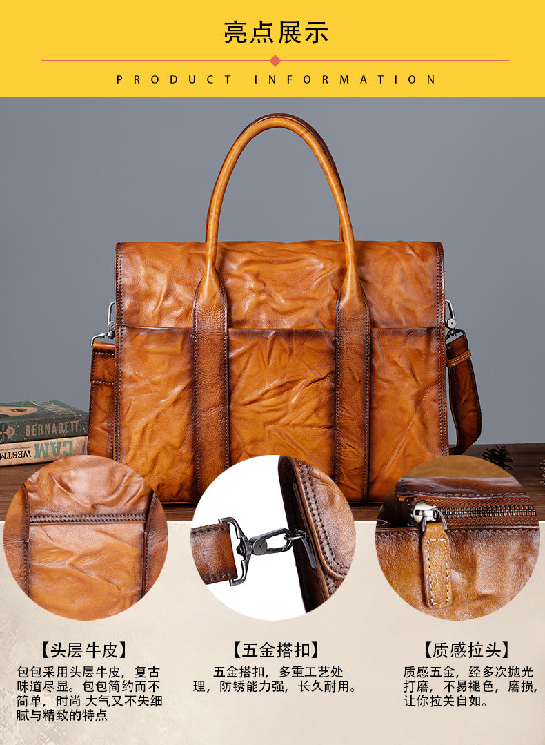 Men's Briefcase Genuine Cowhide Leather Casual Bag Travel Bag for Men