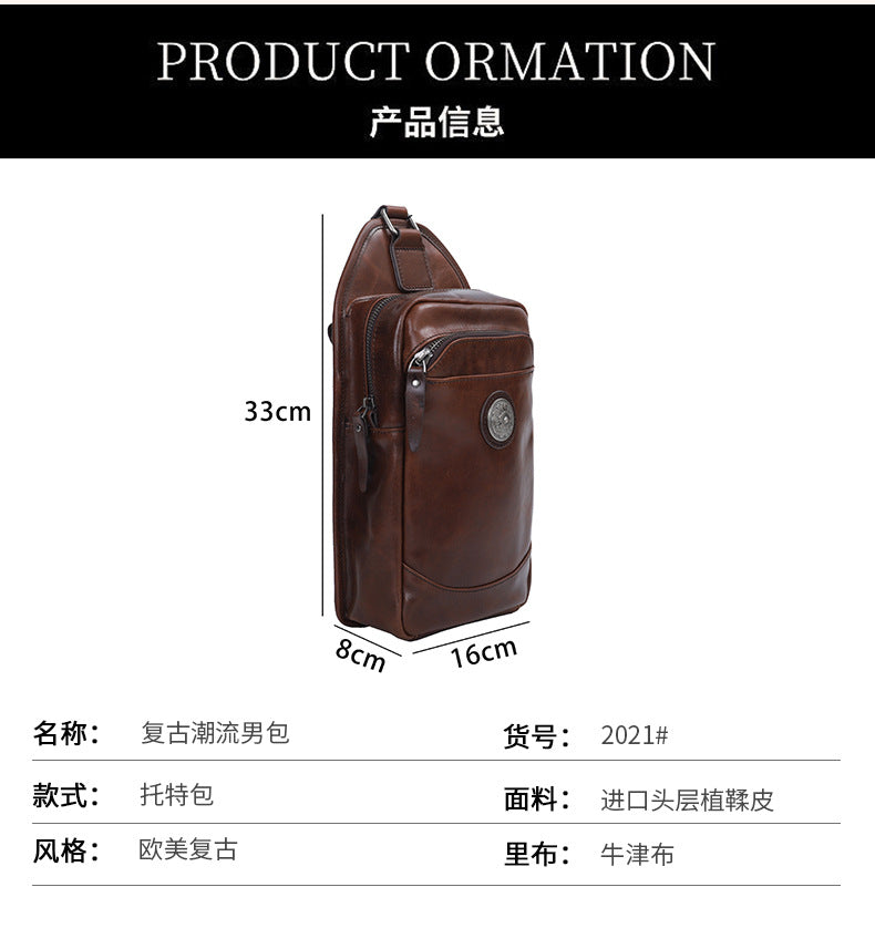 Men's Bust Bag Genuine Cowhide Leather Crazy Horse Retro Casual Shoulder Bag Men's Crossbody Bag