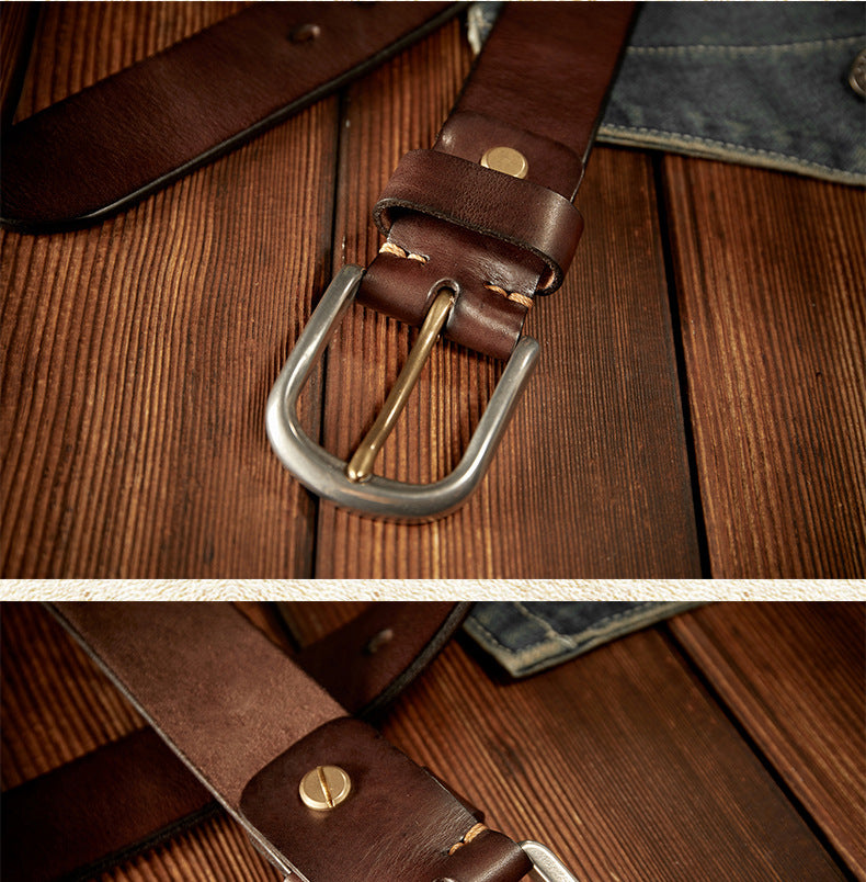 Men's Belt Genuine Cowhide Leather Handmade Needle Buckle Casual Vintage Men's Belt