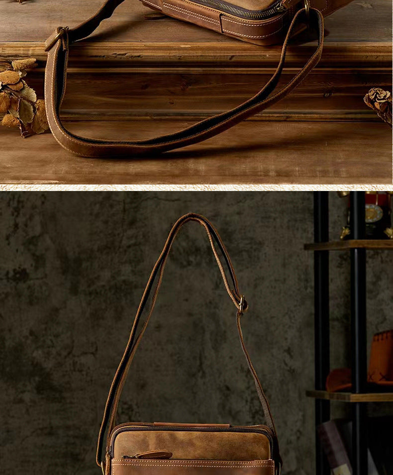 Men's Shoulder Bag Handmade Cow Leather Casual Simple Retro Zipper Crossbody Bag