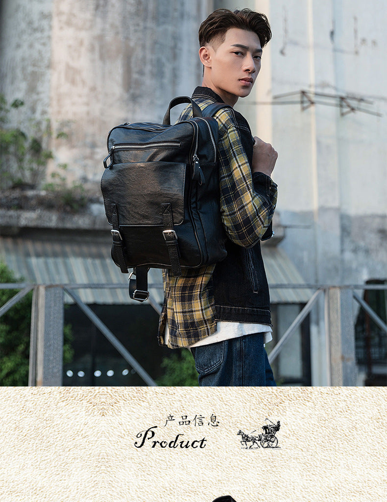 Men's backpack, original handmade cowhide genuine leather, simple casual computer bag, large capacity, travel bag