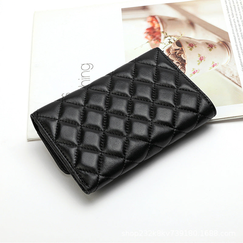 Sheep leather women's wallet stylish tri-fold wallet simple check wallet coin purse women's wallet