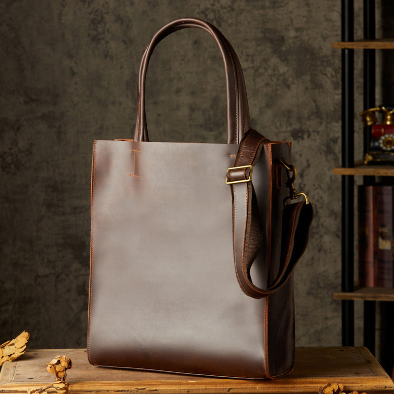 Men's Handbag Handmade Cowhide Genuine Leather Crazy Horse Handbag Business Commuter Retro Crossbody Bag Shoulder Bag Men's Briefcase