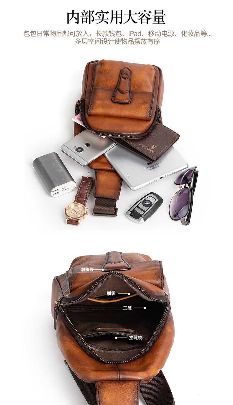 Men's bust bag Genuine cowhide leather retro casual crossbody bag for men