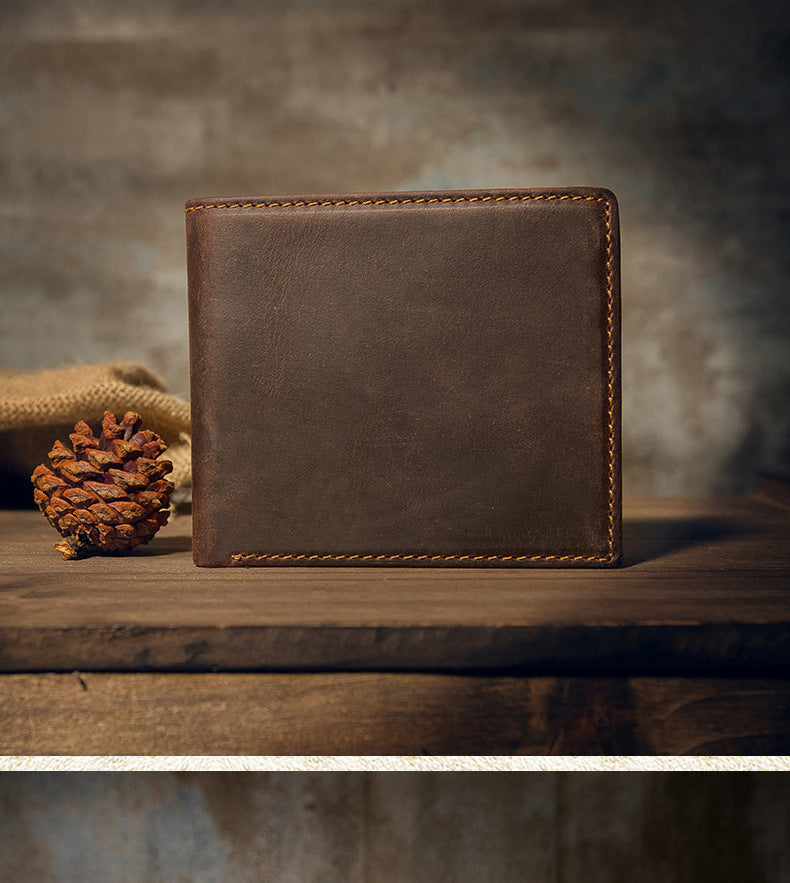 Men's short wallet made of genuine cowhide leather Crazy Horse Original casual simple thin Korean fashion unique wallet for men