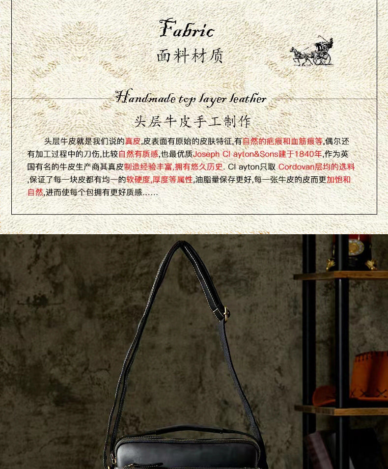 Men's Shoulder Bag Handmade Cow Leather Casual Simple Retro Zipper Crossbody Bag