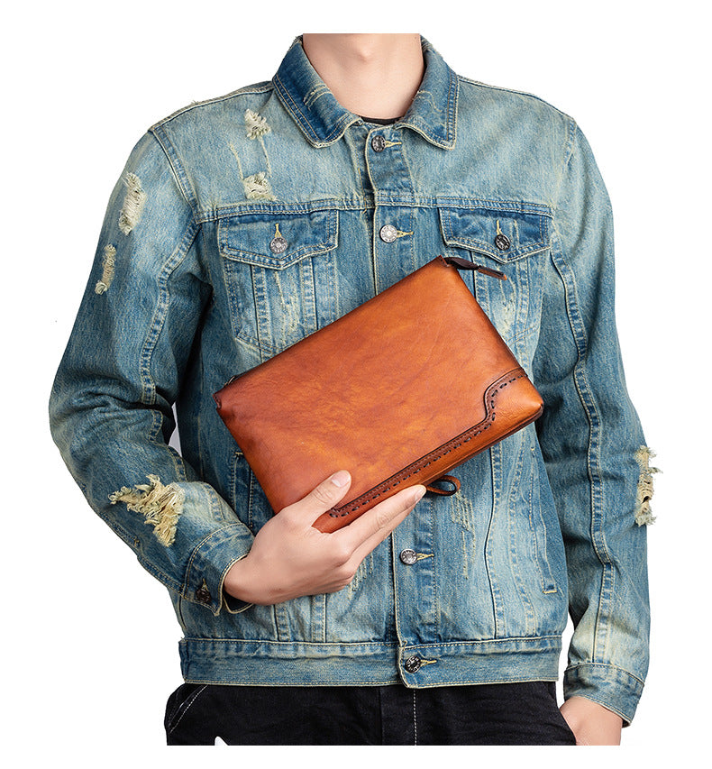 Men's clutch bag cowhide genuine leather casual retro male handbag