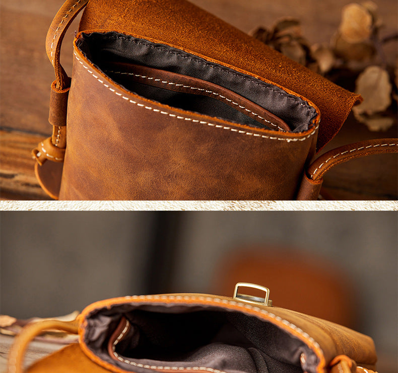 Men's Shoulder Bag Handcrafted Genuine Cowhide Leather Smartphone Pouch Retro Casual Crossbody Bag for Men