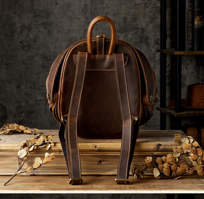 Men's Rucksack Retro Cowhide Crazy Horse Handmade Unique Fashion Beatles Men's Bag