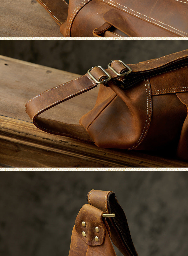 Men's Crossbody Bag Cow Leather Crazy Horse Handmade Retro Unique Fashion Multifunctional Shoulder Bag