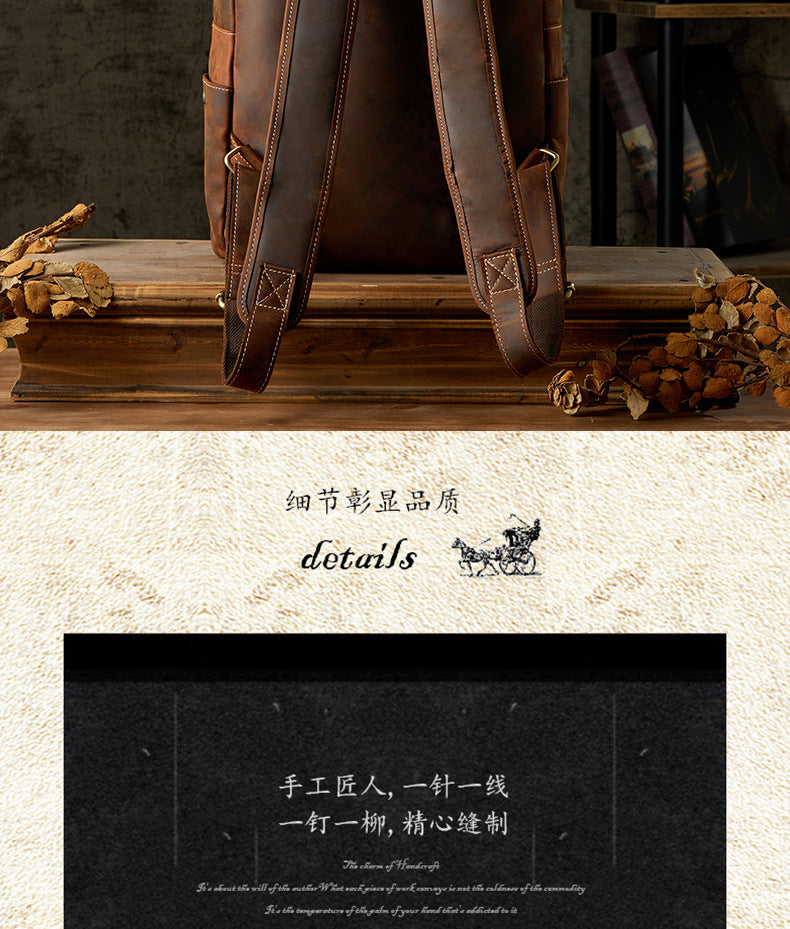 Men's Backpack Cowhide Genuine Leather Retro Casual Fashion Handmade Travel Bag Men's Computer Bag Rucksack