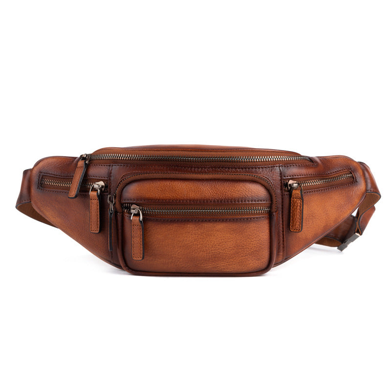 Men's Waist Pouch Genuine Cowhide Leather Retro Casual Bust Bag for Men