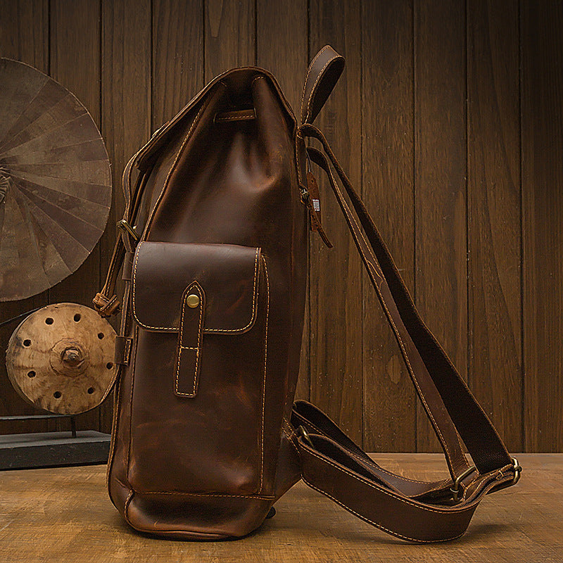 Men's Backpack, Original Handcrafted, Genuine Cowhide Leather, Retro Casual, Unisex, Travel Bag, Computer Bag