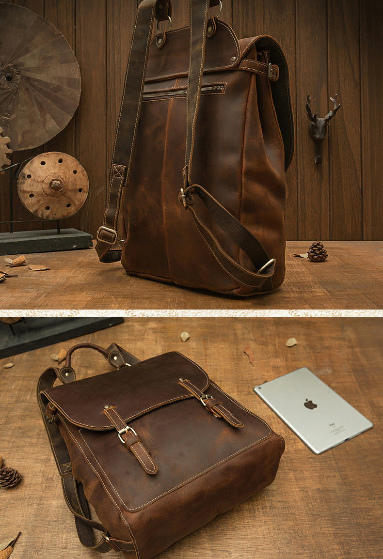 Men's Rucksack Genuine Cowhide Leather Handmade Korean Fashion Unique Travel Computer Bag for Men
