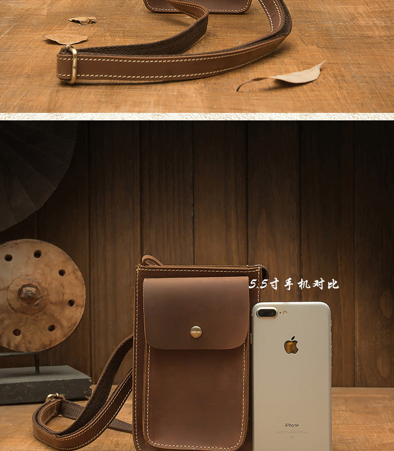 Men's Shoulder Bag Handmade Genuine Cowhide Leather Crazy Horse Men's Crossbody Bag Smartphone Pouch Waist Pouch