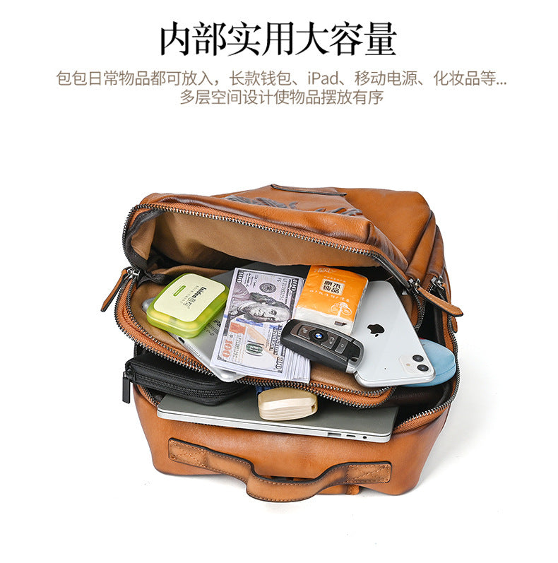 Men's backpack cowhide genuine leather retro fashion computer bag men's casual travel bag