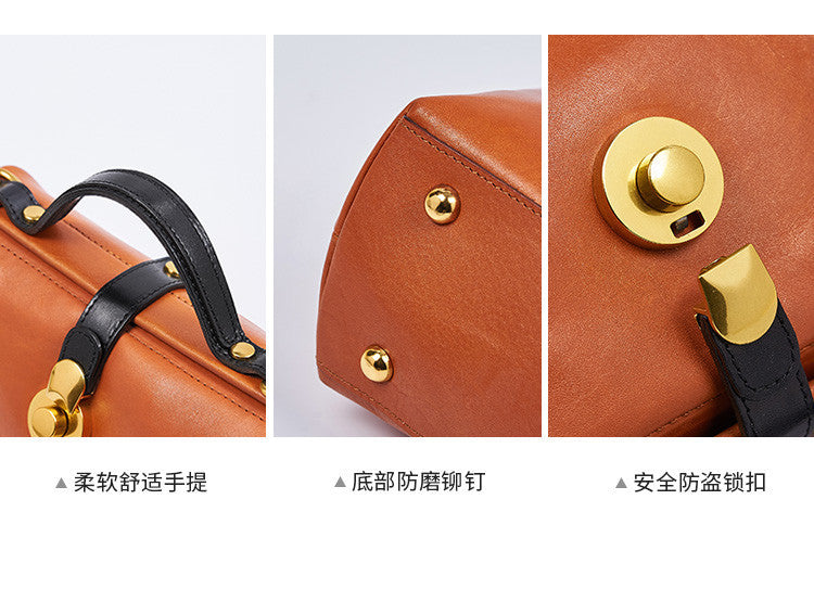 Women's Bag Retro Genuine Leather Handmade Cowhide Doctor Bag Fashion Handbag Temperament Shoulder Bag.Pochette