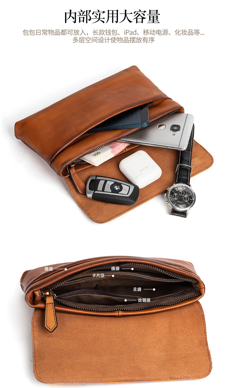 Men's Clutch Bag Genuine Cowhide Leather Retro Casual Men's Handbag