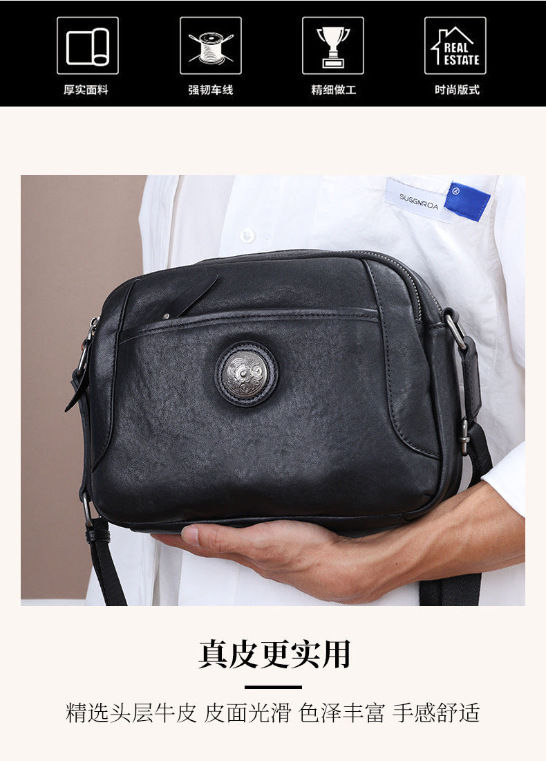 Men's Shoulder Bag Genuine Cowhide Leather Retro Casual Fashion Large Capacity Crossbody Bag for Men