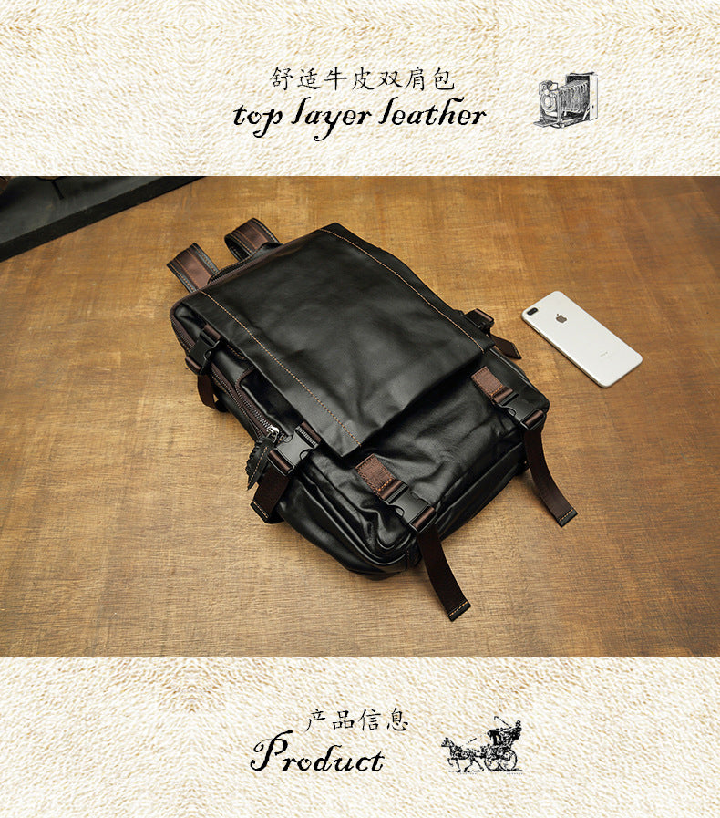 Men's backpack, handmade genuine cowhide leather travel bag, business casual fashion, unique computer bag