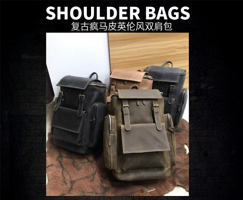 Men's backpack handmade genuine cowhide leather retro unique outdoor travel bag for men