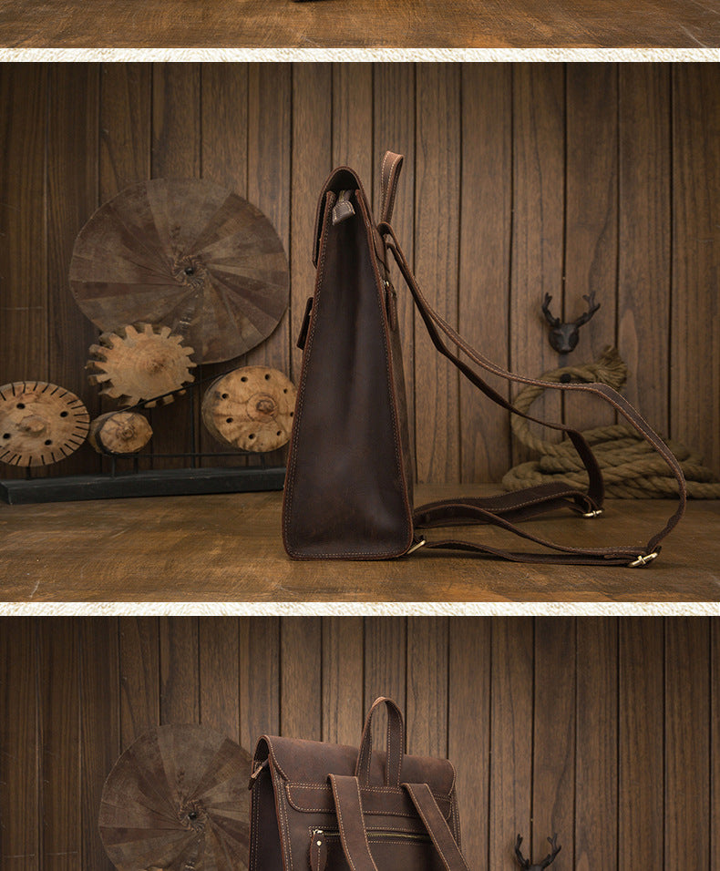 Men's Rucksack Cowhide Genuine Leather Handmade Unique Fashion Casual Travel Bag Computer Bag