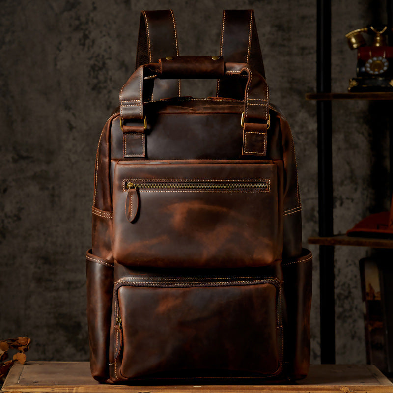 Men's Backpack Handmade Cowhide Genuine Leather Crazy Horse Retro Large Capacity Computer Bag Casual Fashion Business Travel Bag