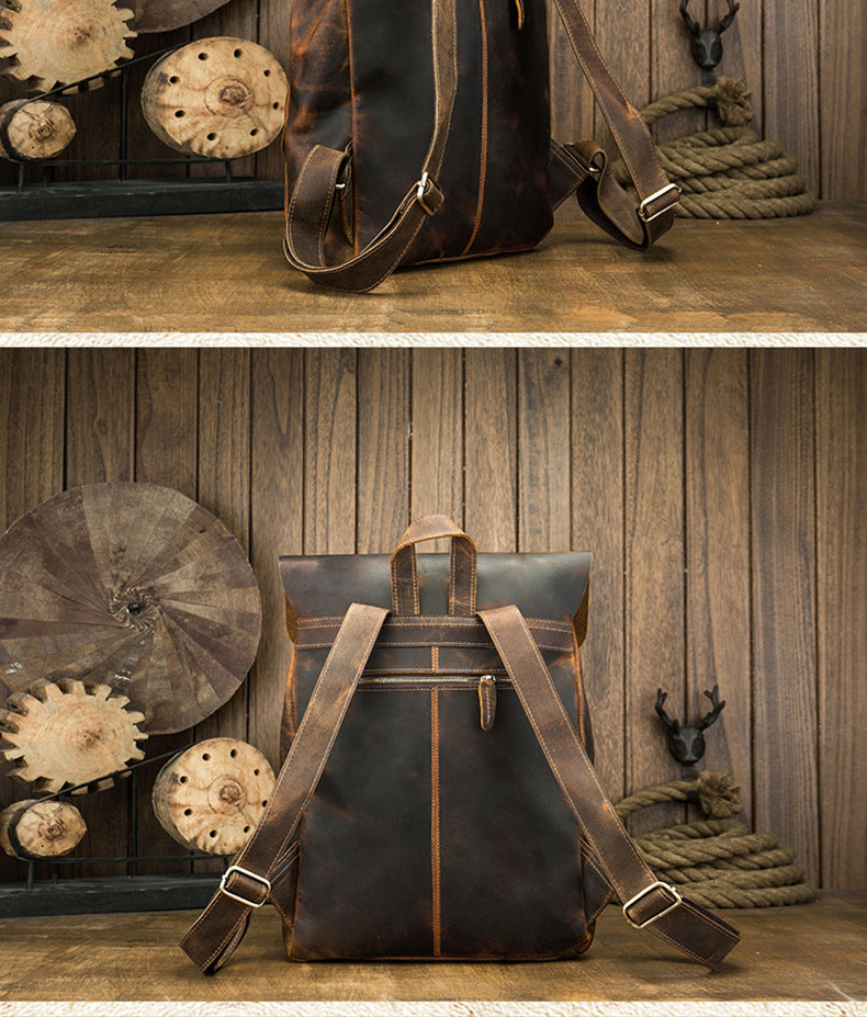 Men's Rucksack Korean Fashion Handmade Cowhide Genuine Leather Crazy Horse Outdoor Travel Bag Casual Computer Bag for Men