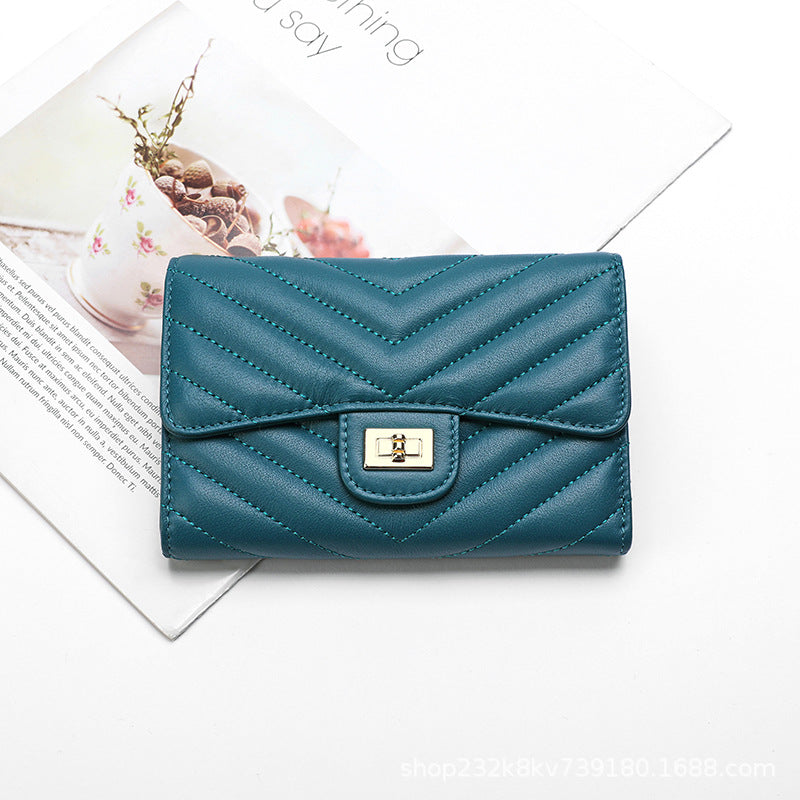 Sheep leather women's wallet stylish tri-fold wallet simple V size check coin purse high quality