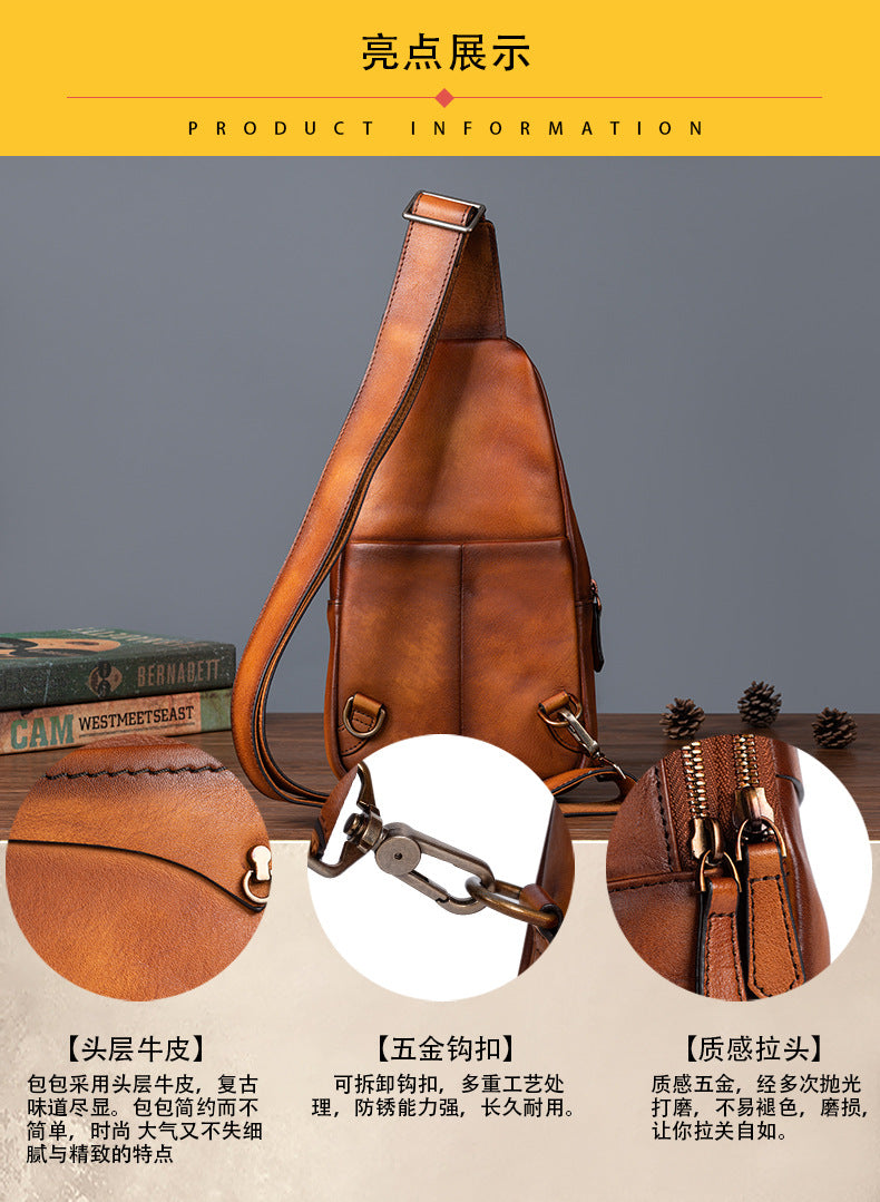 Men's bust bag genuine cowhide leather retro casual crossbody bag for men