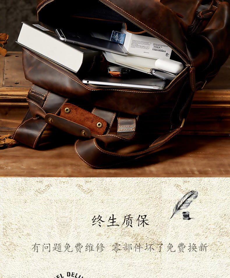 Men's Backpack Handmade Cowhide Genuine Leather Crazy Horse Retro Large Capacity Computer Bag Casual Fashion Business Travel Bag